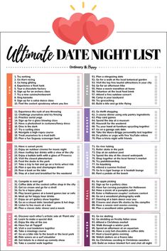 Never run out of date night inspiration! This Ultimate Date Night List includes fun, romantic, budget-friendly, and seasonal ideas—perfect for keeping your relationship exciting year-round. 🌟 #DateNightIdeas #CouplesBucketList #RomanticFun #RelationshipGoals Date Night Checklist, Plan A Date Night For Him, Cute Dating Ideas, 222 Date Idea, Date Night List Ideas, Date Ideas That Start With A, Date Ideas For Birthday, Types Of Dates For Couples, Mystery Date Ideas