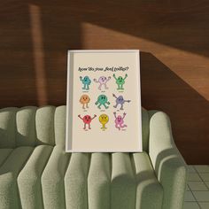 there is a poster on the back of a green chair with pictures of monsters in it