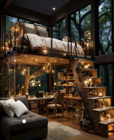 a loft bed with stairs leading up to the top floor and lights hanging from the ceiling