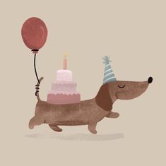 a dog with a birthday cake and a balloon