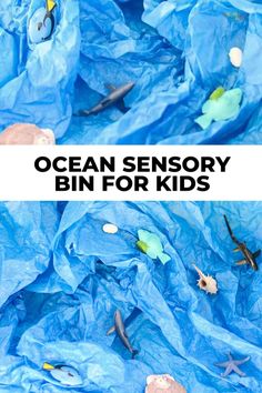 an ocean story bin for kids with blue plastic bags filled with sea animals and fish