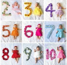 many different pictures of baby dolls and numbers