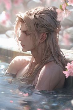 a woman in the water with long hair and flowers around her neck is staring at something