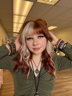 Hair Color Idea With Bangs, Hair Styles For Split Dyed Hair, Blonde And Colored Hair Ideas, Half Brown Half Blonde Hair Split With Bangs, Half Blonde Half Black Hair With Bangs, Red Block Coloring Hair, Split Hair With Bangs, Two Color Hair Dye Ideas With Bangs, Block Color Curly Hair