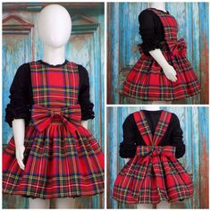 "Plaid Suspender Skirt perfect for Christmas. Jumper style front and rear tying straps make a big bow. This Plaid Dress would be super cute for Pageant Wear, Winter OOC Soft Flannel Tartan Print great for all season long. Just layer it with Your own Top! Black Top NOT Included. Toddler, Little Girls and Teens size 2T - 14 Hand Made in the USA by Me! Item: Elastic Waist Knee Length Girls Twirl Skirt with Suspender Straps and Front Accent Bow Fabric: Red Multi Tartan Plaid picture 1 or Fabric: Ivo Christmas Pageant Wear, Girls Western Dresses, Kids Christmas Dress, Flannel Skirt, Pageant Wear, Plaid Jumper, Christmas Pageant, Kids Plaid, African Dresses For Kids