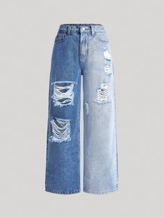 Light Wash  Collar  Denim Plain Straight Leg Embellished Non-Stretch  Tween Girls Clothing Concert Pants, 16 Hairstyles, Shuffles Cutouts, Girls Summer Clothes, School Pants, Girl Y2k, Street Wear Outfits, Denim Wide Leg, Baggy Denim