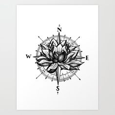 a black and white drawing of a lotus flower with compasss on the background art print