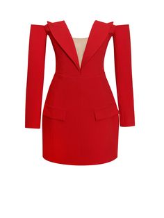 Presenting the striking Polina Red Off Shoulder Long Sleeve Blazer Dress, a bold statement in vibrant red. Featuring a captivating deep V collar wiht wire support and off-shoulder design, it exudes allure and confidence. The addition of long sleeves adds a touch of sophistication, while the suit collar infuses elegance. Complete with an invisible zipper at the back, this dress ensures a seamless fit. Whether it's a formal event or a night out, the Polina dress is sure to command attention with i Elegant Red Off-shoulder Mini Dress, Red Backless Dress For Dinner, Red V-neck Mini Dress For Red Carpet, Glamorous Red Off-shoulder Mini Dress, Red Off-shoulder Mini Dress For Cocktail, Satin Corset Dress, Jumpsuit And Blazer, Suit Collar, Satin Corset