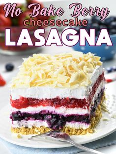 no bake berry cheesecake lasagna on a plate