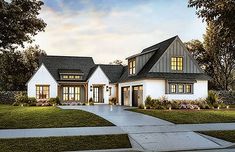 this is an artist's rendering of the front elevation of these modern farmhouse house plans