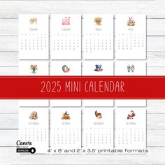 the mini calendar is displayed on a white wooden background with red ribbon and text that reads,