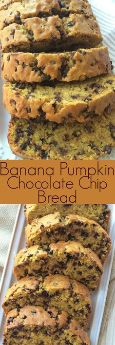 banana pumpkin chocolate chip bread is cut into slices and stacked on top of each other