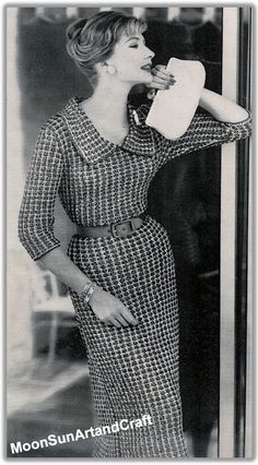 Vintage Style Women's Dress Knitting Pattern. 1960's Directions are for size 12. Changes for sizes 14 and 16 are in parentheses. Puritan Collar, 40's Fashion, Vogue Vintage, Glamour Vintage, Vogue Knitting, 1950s Style, Vintage Knitting Patterns, Retro Mode, Vintage Glam