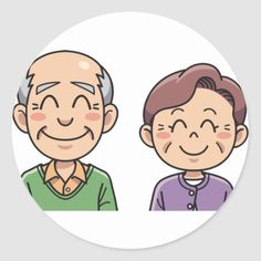 an older man and woman are smiling at each other's faces round stickers