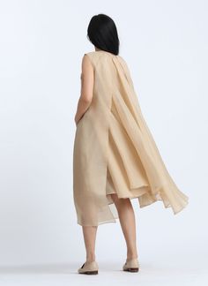 KAAREM - Lat Sleeveless Pleated Organza Dress - Cream Spring Silk Chiffon Pre-draped Dress, Pre-draped Pleated Silk Dress, Silk Pre-draped Dress With Pleated Back, Elegant Silk Asymmetrical Summer Dress, Elegant Silk Asymmetrical Dress For Summer, Silk Pleated Dress For Cocktail, Sheer Sleeveless Silk Chiffon Dress, Fitted Draped Organza Dress, Silk Pleated Dress With Folds For Cocktail