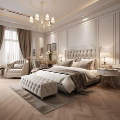 an elegant bedroom with white furniture and chandelier hanging from the ceiling, carpeted flooring