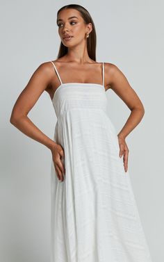 Feminine White Midi Dress With Spaghetti Straps, White Feminine Midi Dress With Spaghetti Straps, Beach Dresses With Straight Neckline And Lining, White Summer Midi Dress With Spaghetti Straps, Summer White Midi Dress With Spaghetti Straps, White A-line Dress For Vacation, White A-line Vacation Dress, White Maxi Dress With Straight Neckline For Vacation, White Summer Midi Dress With Straight Neckline