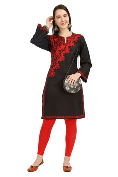 "Kashmiri Aari Embroidered Cotton Kurti.These Kurtis Is Made Of Rayon Cotton Its Embroidered With Aari Work.The Embroidery Done On This Is A Traditional Kashmiri Embroidery Known As 'Aari Work''.It Can Be Matched With Many Outfits.A Stunningly Marvellous Kurti. Product Details - Condition: Brand New - Handmade - Style: Kurti Tunic - Fabric: Ruby Cotton - Embroidery: Kashmiri Aari Embroidery - Embroidery Color: RED - Kurti Length: 39\" Inch - Kurti Chest: 40'' Inch - Care Instructions: Handwash O Kashmiri Kurti, Traditional Kurti, Kurti Women, Red Kurti, Indian Kurtis, Kashmiri Embroidery, Style Kurti, Embroidered Kurti, Aari Embroidery