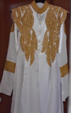 White Satin robe with rhinestone applique and gold embroidery on sleeves and hem of gown. A cross on each sleeve and a cross on back of robe. White Satin Robe, Embroidery On Sleeves, Rhinestone Appliques, Art House, Gold Embroidery, Gold Rhinestone, Bible Art, Long Gown, White Satin