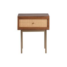 the side table is made out of wood and has a rattan pattern on it