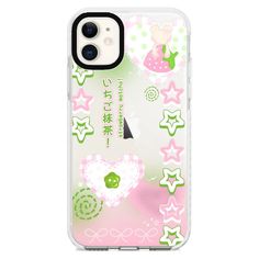 an iphone case with pink and green designs