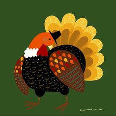 a turkey with an orange head is standing in front of a green background that says happy thanksgiving