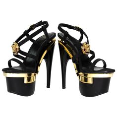 Black And Gold Shoes, Versace Sandals, Fashion Elements, Leather Strap Sandals, Strappy Leather Sandals, Strappy Platform Sandals, Black Platform Sandals, Versace Gold, Versace Shoes