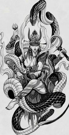 a drawing of a woman with snakes around her