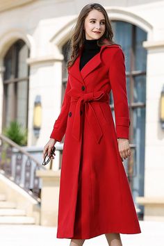 Women Red Wool Long Coat Wool Long Coat, Clothing Studio, Long Wool Coat, Original Clothes, How To Wear Scarves, Wool Blend Coat, Woolen Coat, Double Breasted Coat, Cashmere Coat