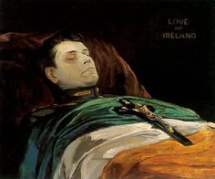 a painting of a man laying on top of a bed with a cross in his hand