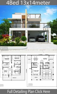 two story house plan with three car garages and an attached living area, in the middle