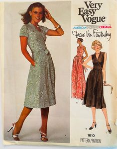 "Very Easy Vogue American Designer, Diane Von Furstenberg Iconic Front Wrap Dress. \"Feel like a woman, wear a dress\" is a saying DVF literally stood by! What started as easy office attire became a phenomenon. 45+ years and still going. Pattern 1610 MISSES' DRESS: FOR STRETCHABLE KNITS ONLY.  Front-wrapped dress, three inches below mid-knee or evening length, with skirt gathered to fitted bodice, has neckline bands, attached tie ends and pockets in side seams. Sleeveless or short sleeves with mock sleeve band. Featured in Vogue Patterns magazine, January/February 1977 Size 12 and 14 See pics for size and measurement details  Pattern is uncut and factory folded  Printed in 1977  Featured in Vogue Patterns magazine, January/February 1977 Envelope of size 14 has some yellowing, slight storag Bridesmaids Gowns With Sleeves, Wrap Dress Sleeveless, Vintage Vogue Sewing Patterns, Vogue Dress, Vogue Sewing, Vogue Sewing Patterns, Miss Dress, Vogue Patterns, Womens Sewing Patterns