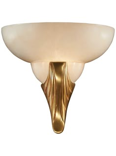 a light fixture with a white glass shade on it's side and a gold finish