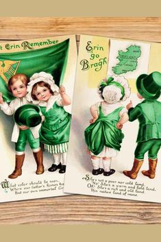 two vintage st patrick's day greeting cards with children in green dresses and hats