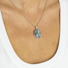 Labradorite Pendant on Model Sapphire Diamond Necklace, Necklaces Crystal, Necklaces With Meaning, Herkimer Diamond Necklace, Gray Gemstones, Amethyst Birthstone, Tanzanite Necklace, Rainbow Moonstone Necklace, Blue Topaz Necklace