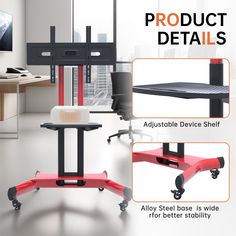 three different views of the product details for this desk and chair set up in an office setting