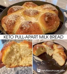 a collage of photos showing how to make keto pull apart milk bread in a cast iron skillet