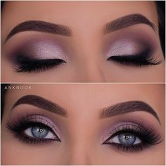 Hair And Makeup Ideas For Prom, Smokey Eye Makeup Step By Step Blue Eyes, Purple Smokey Eye Makeup Wedding, Glam Makeup Looks Blue Eyes, Makeup For Light Purple Dress, Lavender Wedding Makeup, Eye Shadow Looks For Blue Eyes, Smokey Eye Makeup Blue Eyes, Sultry Makeup For Blue Eyes