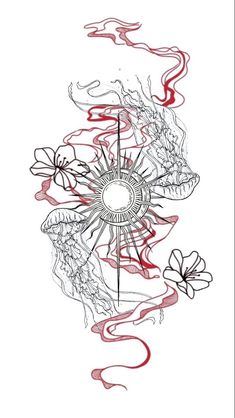 a drawing of flowers and lines on a white background