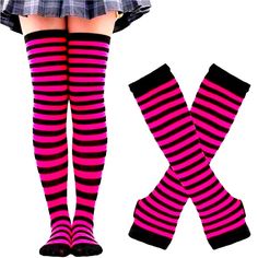 Over-The-Knee Striped Socks And Gloves Hot Pink & Black Striped Lace Up Back Bandana Backless Crop Top Nwt Hot Pink / Small Fall Season Pink Stretch Knee-high Socks, Pink Fitted Footless Stockings, Fitted Footless Pink Stockings, Fitted Pink Knee-high Socks For Fall, Pink Knee-high Leg Warmers For Fall, Knee-high Pink Leg Warmers For Fall, Fitted Pink Knee-high Winter Socks, Pink Footless Stockings, Fitted Pink Knee-high Socks For Winter