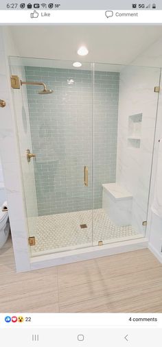 a bathroom with a walk in shower next to a white toilet and wooden flooring