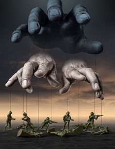 two hands suspended by strings with soldiers in the air above them, and one hand holding another