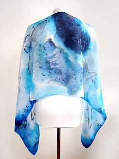 Sea gull silk scarf is a hand painted wrap with a nautical theme. This long silk scarf is a unisex creation, suitable as a unique gift for both men and women. Size: approximately 155 x 43cm, 61 x 17 inches Silk: pure Habotai Light, semi transparent and a bit glossy This bird scarves is made to order (up to 3 days). Please allow for small difference in color set, I will be painting it specially for you! Paints: high quality silk paints, suitable for hand washing (instruction included) The design Hand Painted Blue Silk Scarf For Summer, Blue Hand Painted Silk Scarf, Artistic Blue Silk Scarves, Blue Bird Flying, Bird Wings Costume, Bird Themed Wedding, Blue White Background, Sea Gulls, Bird Scarf