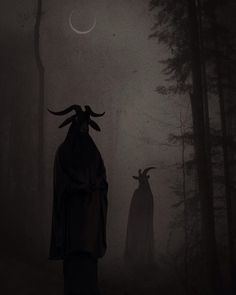 two people in black robes and horns standing in the dark forest with moon behind them