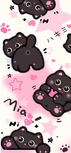 three black teddy bears with pink hearts and stars on the background, all in different positions