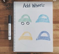 a notebook with some drawings on it and the words add wheels written in front of them