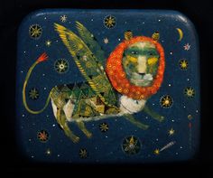 an animal painted on the side of a blue plate with stars and circles around it