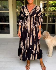 V neck 3/4 sleeve dress Black 23BF Casual Dresses Clothes Dresses Spring Summer Bohemian Beach Dress, Boho Dresses Long, Hippie Look, Summer Fashion Dresses, Polyester Dress, Look Vintage, Printed Midi Dress, Types Of Dresses, Outfit Casual