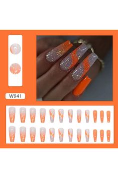 Long Press on Nails Square Fake Nails Coffin Orange Ombre Nails Press Ons Nail Tips Acrylic Full Cover False Nails with Glitter Design Glue on Nails Artificial Nails Press on Nail Kit for Women 24Pcs Nails Coffin Orange, Press On Nails Square, Orange Ombre Nails, Nails Press Ons, Nails Orange, Press Nails, Nails Press, Acrylic Nail Kit