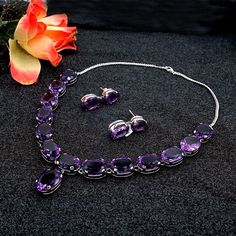 Natural Genuine Amethyst : 318.85 carats Treatment | Cut : None | Oval Adjustable Length : 18 To 20 Inches 100% Natural, Unheated, Non-Treated Amethyst Sterling Silver925 Stone Size : 21.5x14.5mm Silver Weight : 94.20Grams Non-Tarnishable Skin Tested 925 Stamped Provided with GRS Lab Certification Real Time Image. No Tampering Please note all the gemstones we use at RiyaJewels are completely Natural, Unheated And Non-Treated. Riya Jewels Has Set New Standards In Contemporary Silver Jewelry. In Each New Clump, Riya Reaches New Heights Of Inspiration And Individuality. Riya Jewels is a Demi-fine and high end jewellery brand. We thoughtfully handcraft contemporary jewellery designs with clean and simplified geometric designs have it's roots in architectural , organic and contemporary art form Contemporary Art Forms, Contemporary Silver Jewelry, Dark Amethyst, Contemporary Jewelry Design, Jewelry Purple, Silver Necklace Set, Necklace For Her, Earrings Purple, Necklace Chunky